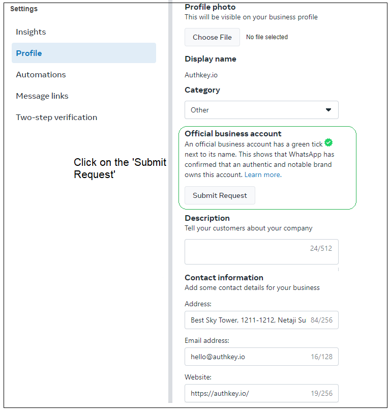 WhatsApp Profile in META Business Account-  Authkey