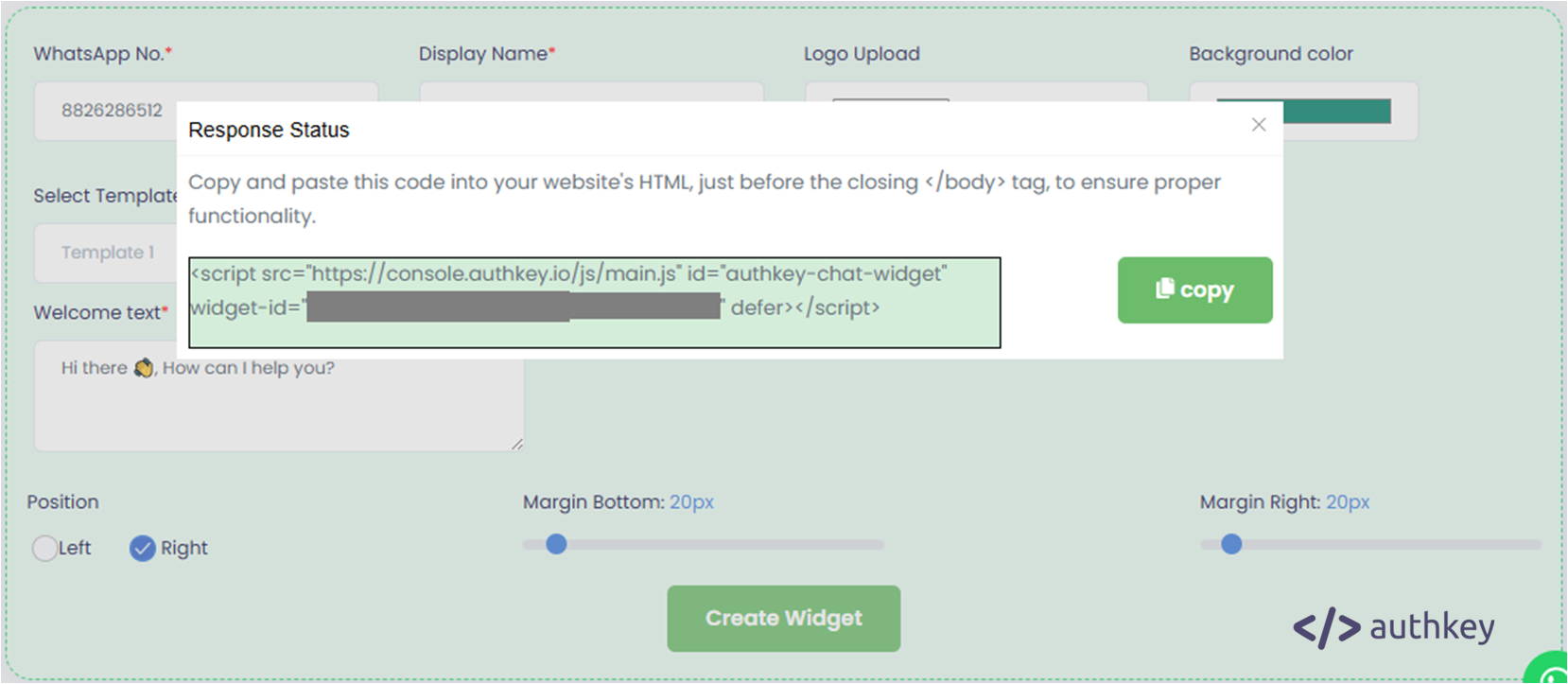 WhatsApp Chat widget installation sample code