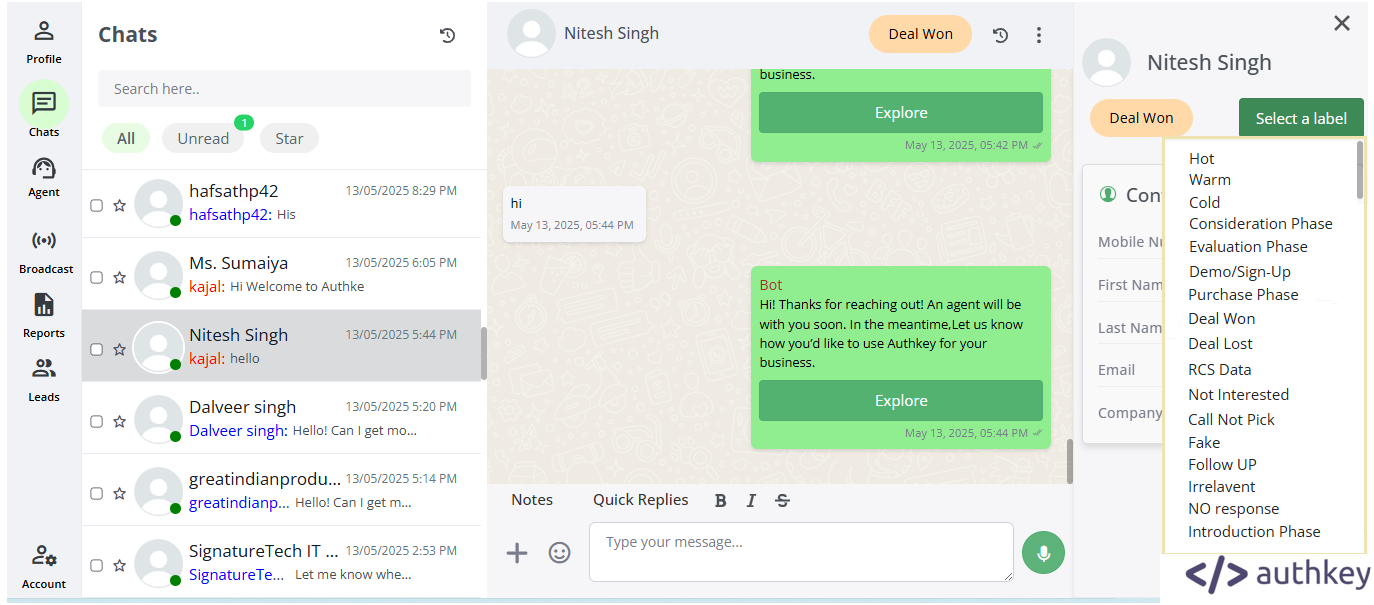 Authkey's WhatsApp CRM-labels