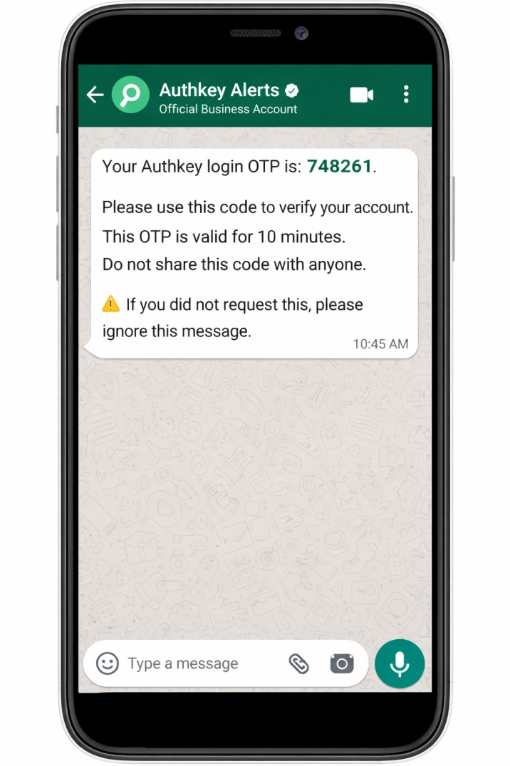Image shows automated WhatsApp OTP received | Authkey's Blog