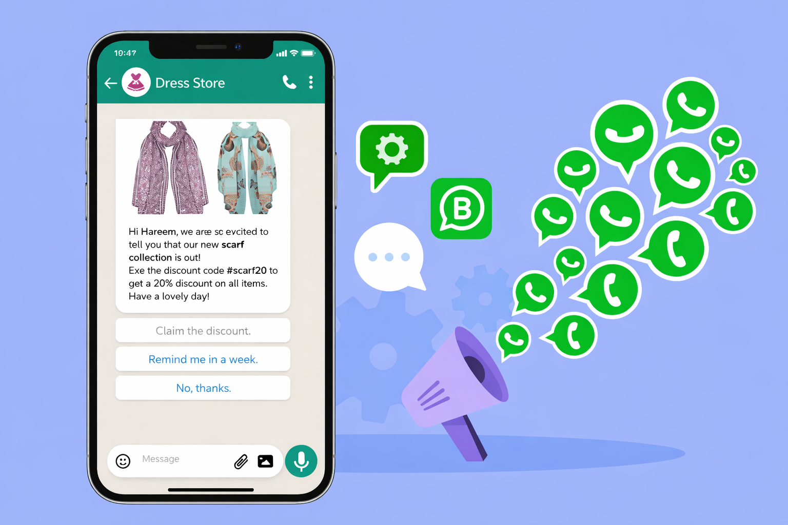 Image shows the WhatsApp marketing message broadcast to many